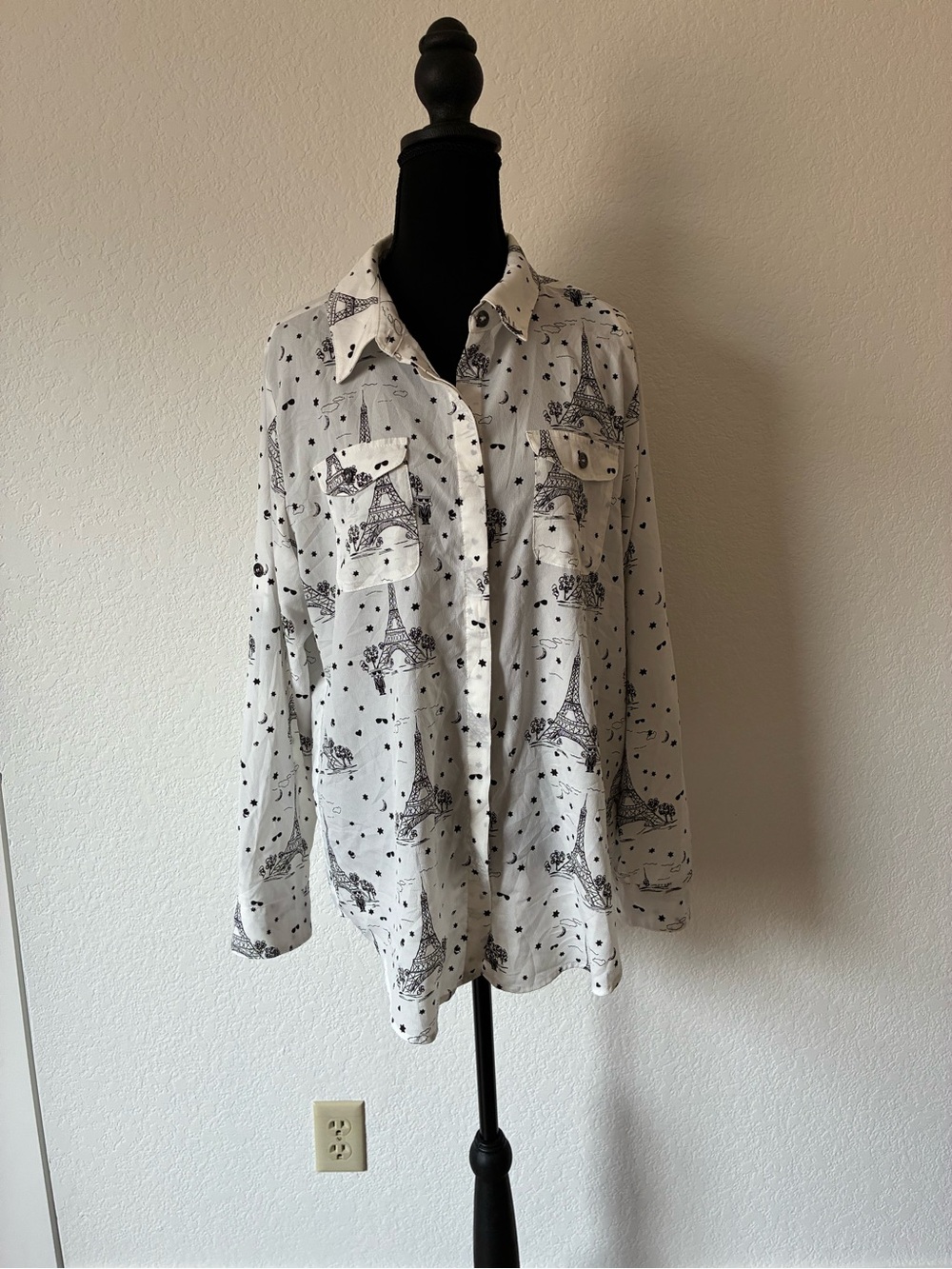 Karl Lagerfeld White Blouse Black Paris Motif Eiffel Tower Designer Euro Summer